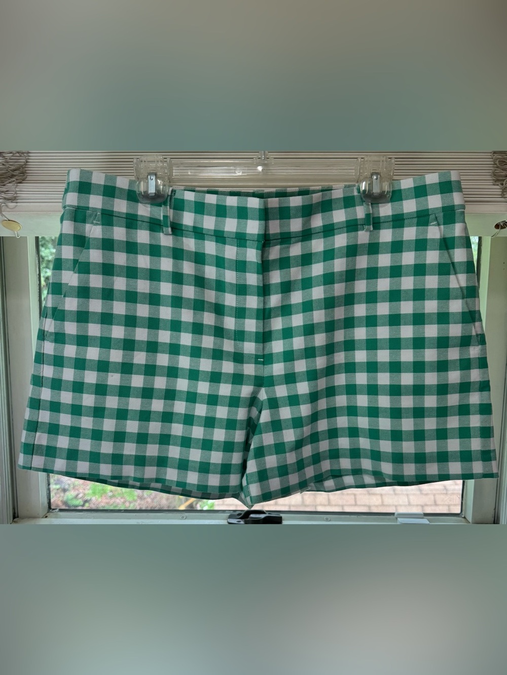 LOFT Green and White Gingham Flat Front Shorts